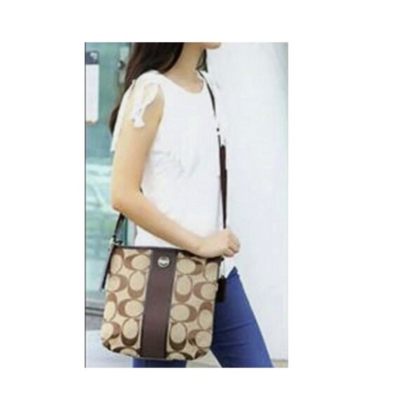 Coach SIGNATURE STRIPE Duffle Canvas Black Shoulder Crossbody Bag F21905 COA - Picture 14 of 14